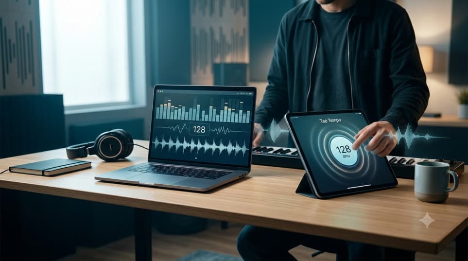 Comparison of manual Tap Tempo and software BPM detection in a modern music production workspace