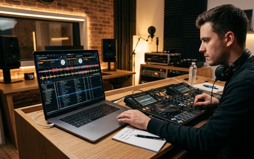 Professional DJ preparing a playlist by checking BPM values before mixing songs.