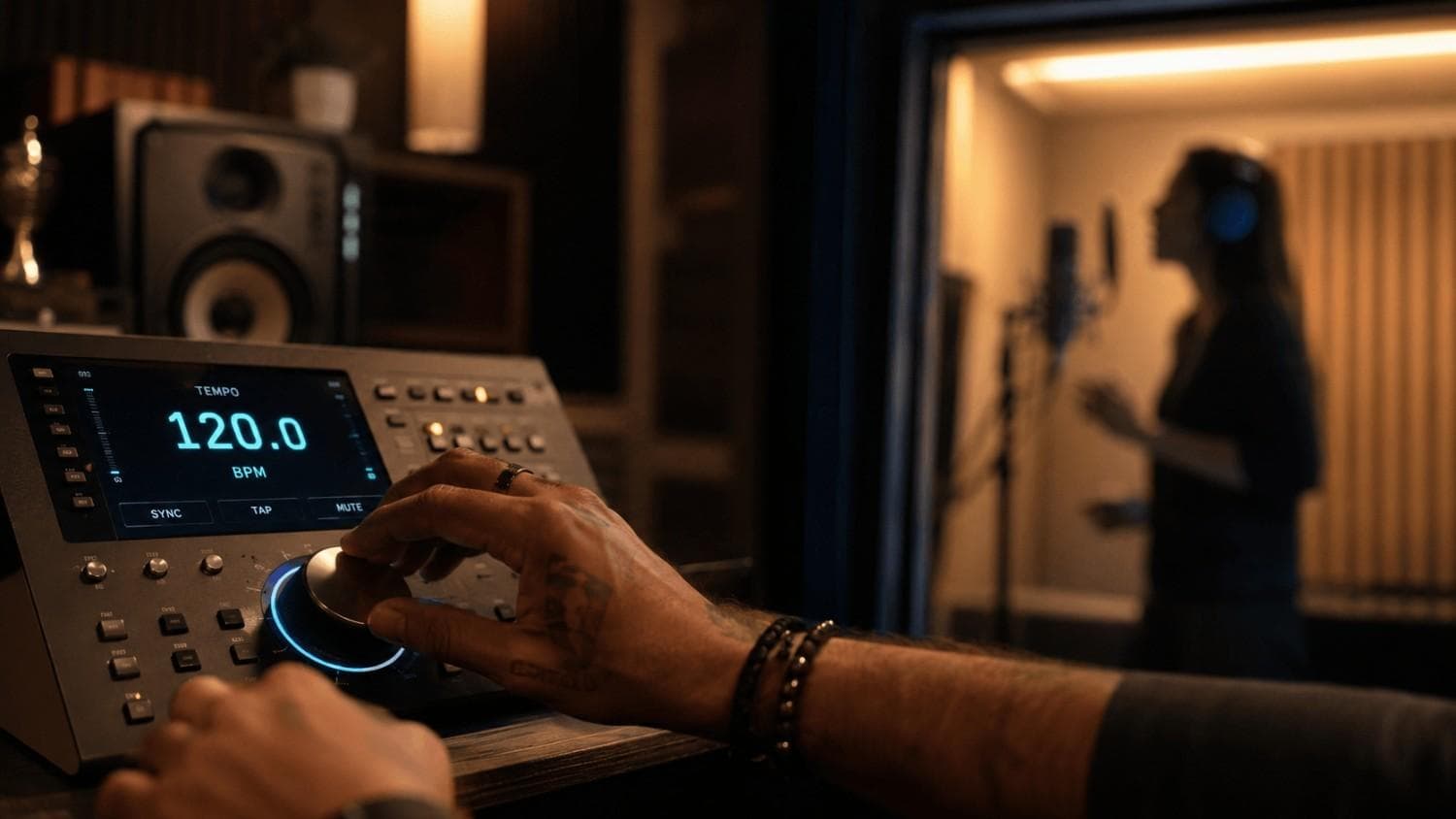 Music producer adjusting digital tempo dial on studio control surface with glowing BPM numbers and vocalist in recording booth.