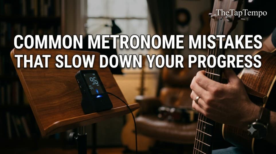 A horizontal blog featured image showing a guitarist practicing with the digital metronome from image_0.png, with bold text overlay reading "COMMON METRONOME MISTAKES THAT SLOW DOWN YOUR PROGRESS" and "TheTapTempo" brand logo.