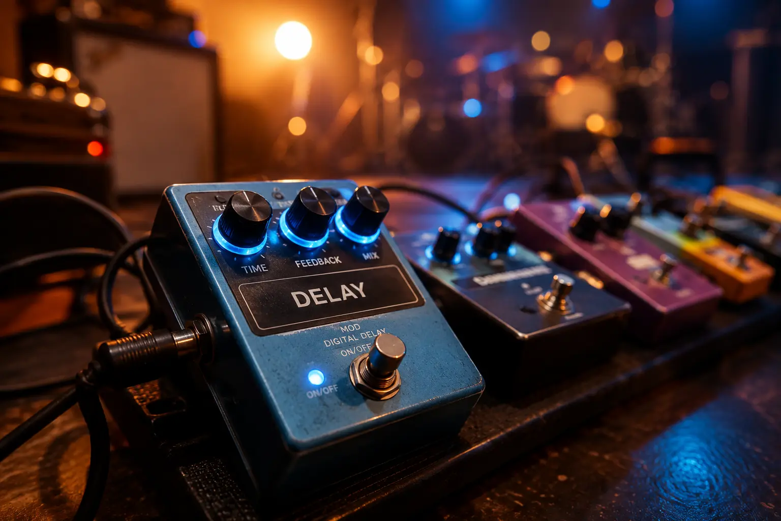 Electric guitar delay pedal settings showing time, feedback, and mix controls for dialing in the perfect delay tone.