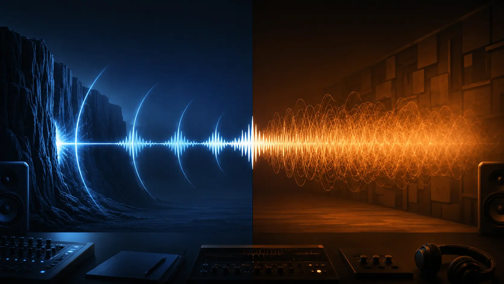 Side-by-side illustration comparing delay's distinct repeating echoes with reverb's continuous blended sound wash.