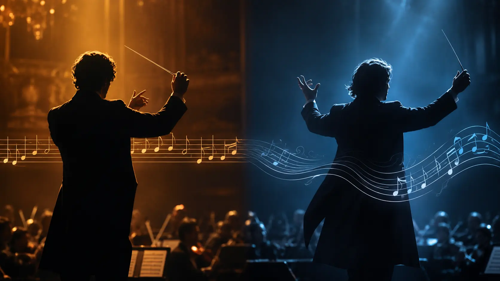 Two conductor silhouettes in contrasting lighting, representing different interpretations of the same tempo marking
