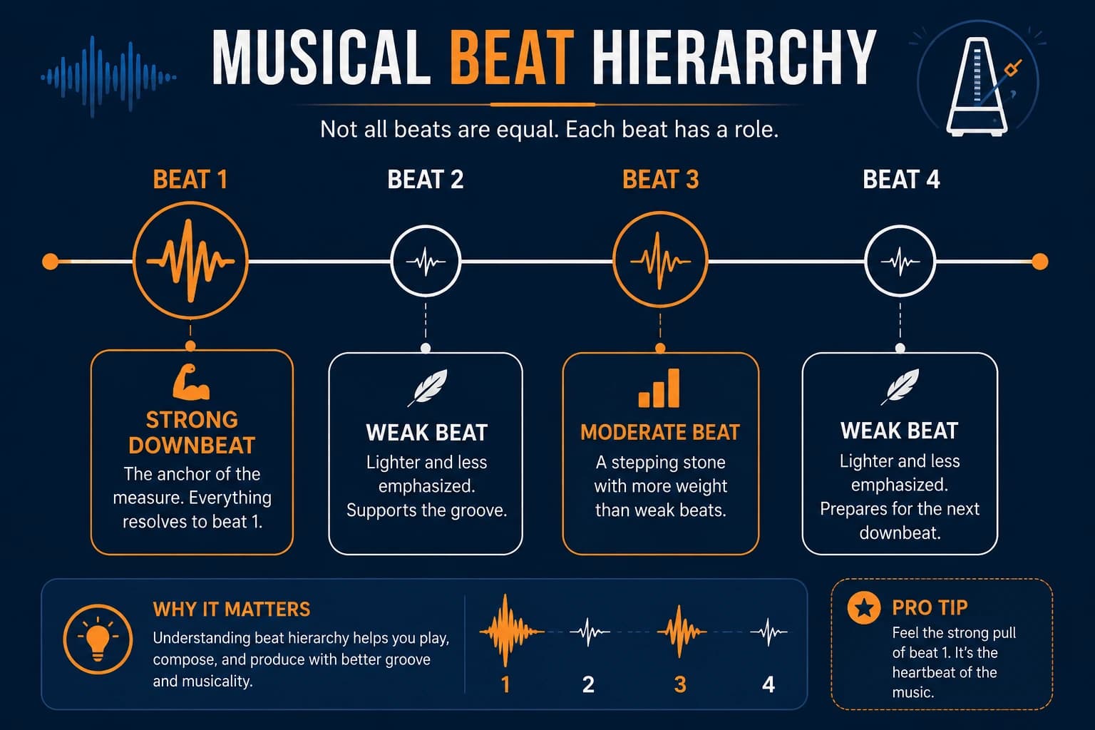 Infographic illustrating strong and weak beats across a musical rhythm timeline