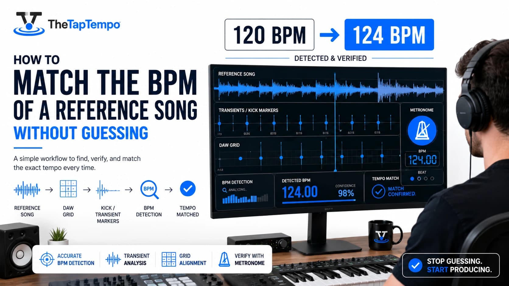 Music producer matching a reference song BPM using a DAW waveform and beat grid