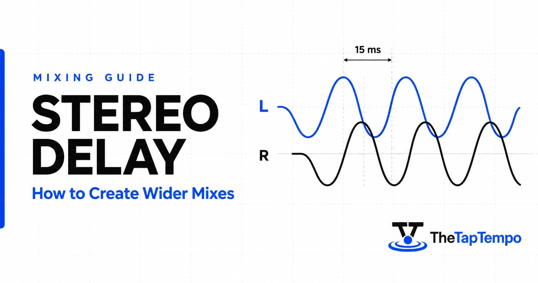 Stereo delay explained — infographic showing a dry mono signal splitting into offset left and right delay paths to create stereo width