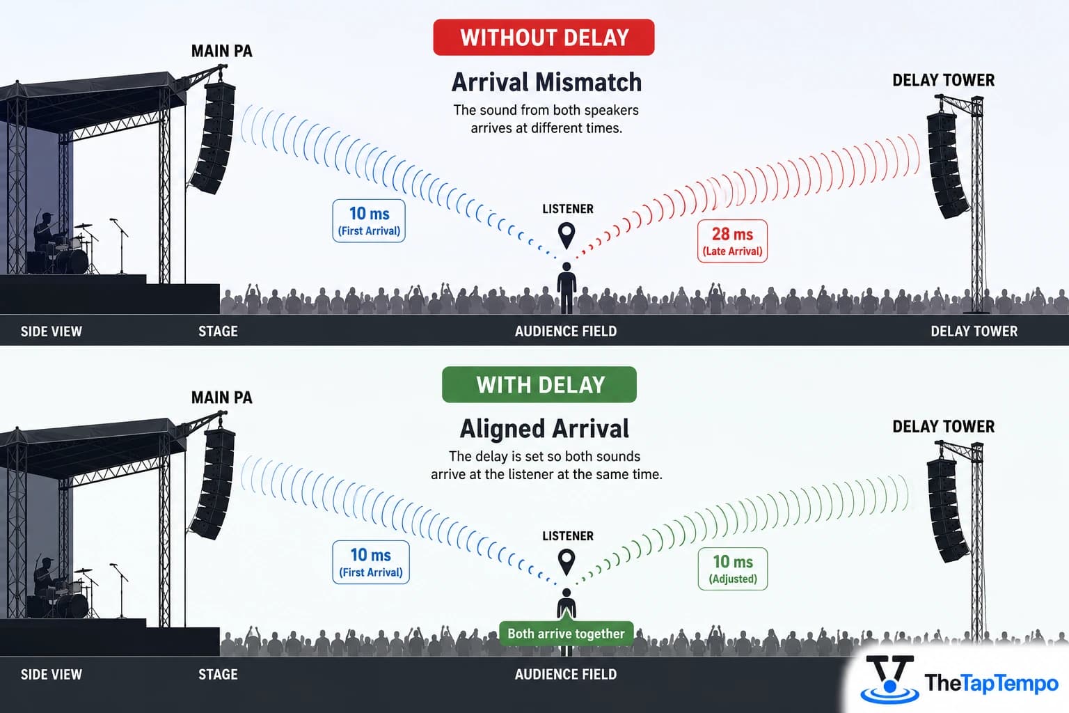 Diagram showing speaker delay aligning a main PA system and a delay tower so sound arrives together at the audience