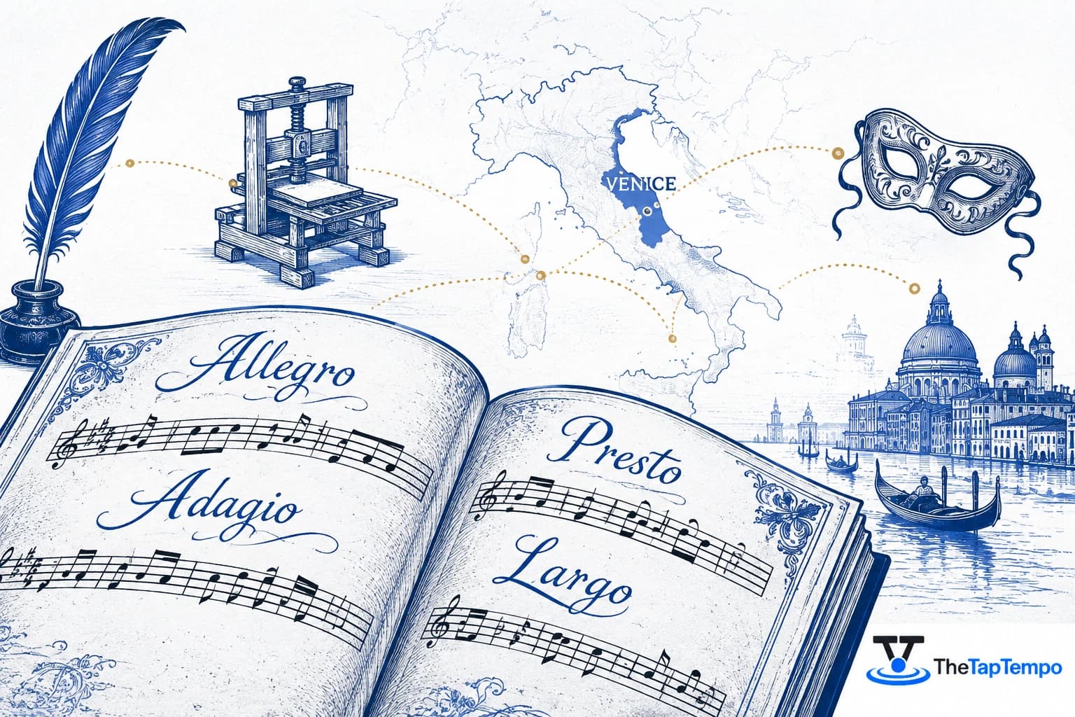 Infographic showing Italian tempo markings like Allegro and Adagio on antique sheet music with icons of a printing press, quill, and opera mask representing the spread of Italian musical terms across Europe