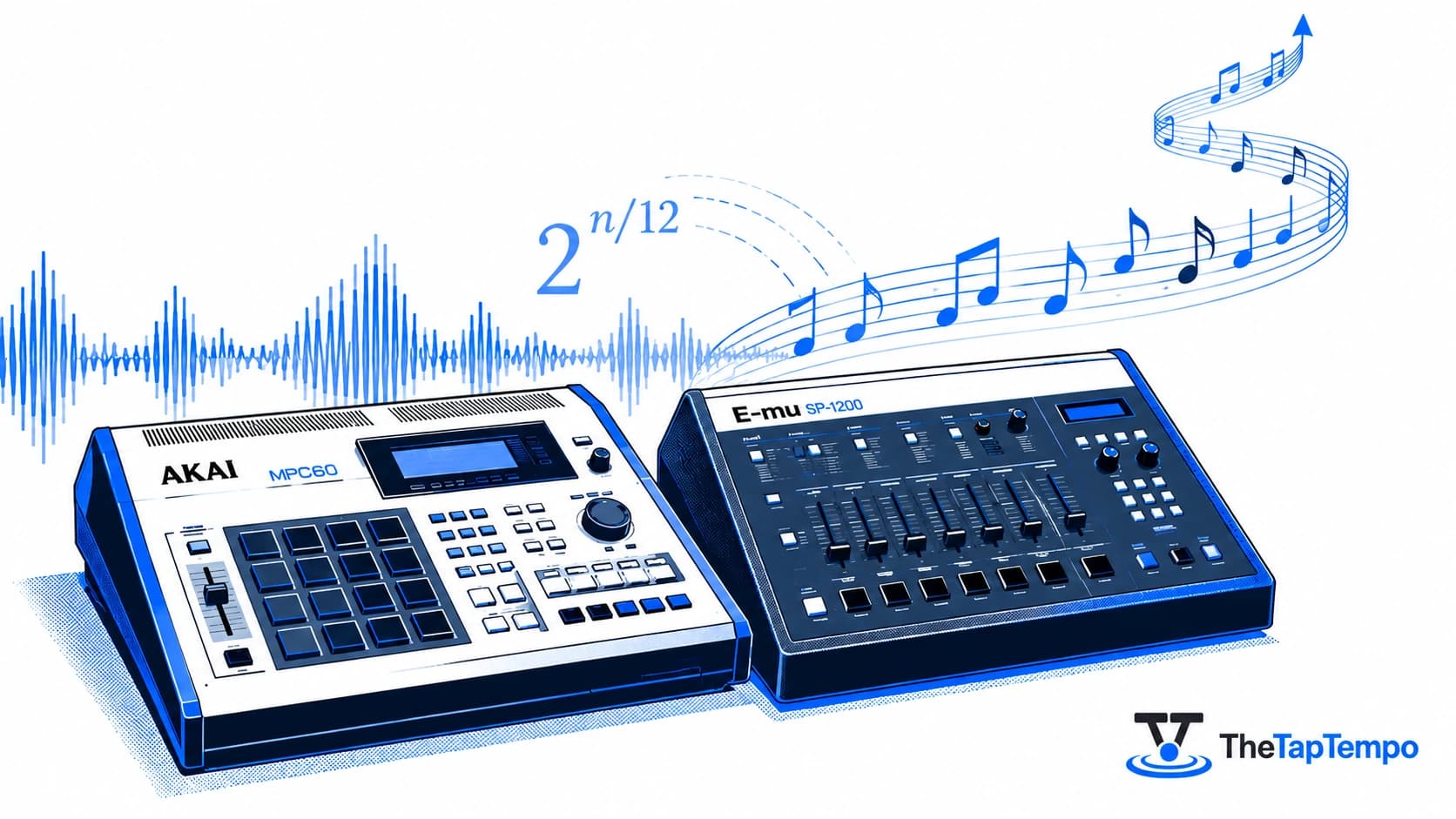 Akai MPC60 and E-mu SP-1200 samplers illustrated side by side representing semitone pitch shift and BPM tempo change