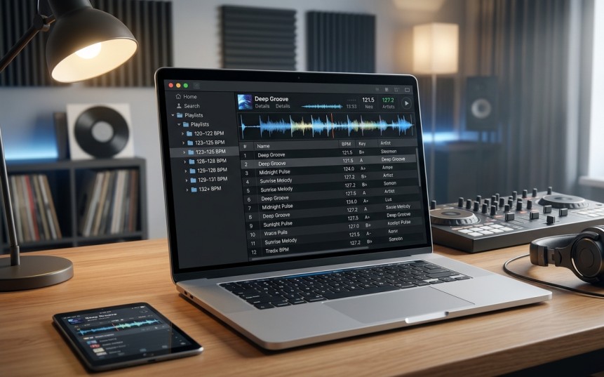 DJ organizing songs into BPM ranges for smoother transitions during a live set.