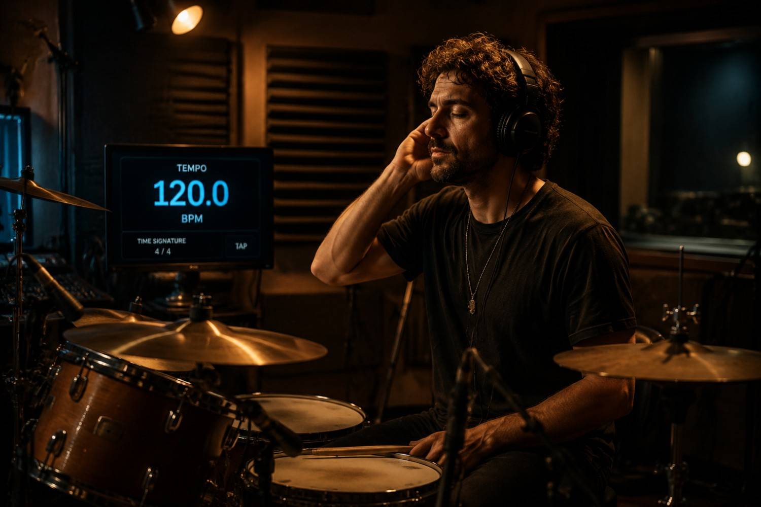 Drummer in recording studio monitoring BPM display while listening through headphones during a recording session.