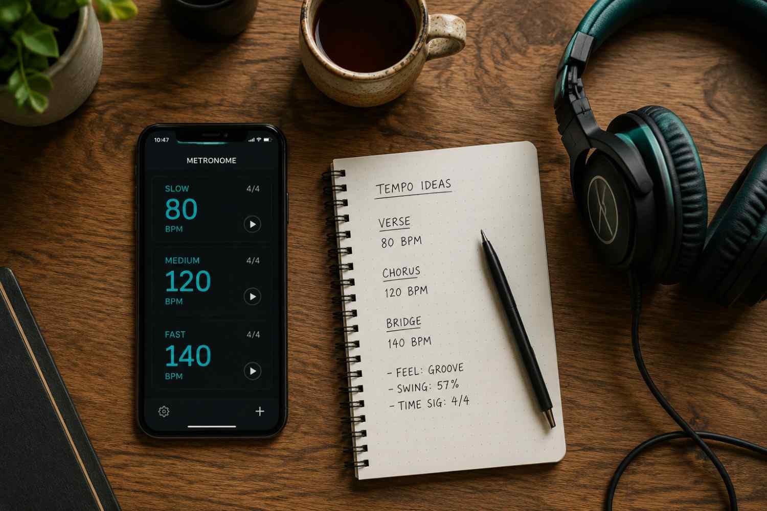 Flat lay of music production desk with smartphone showing BPM settings, headphones, and handwritten tempo notes.